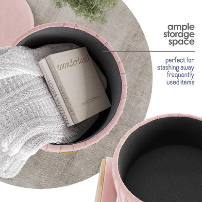 Round Ottoman with Storage, Pleated Velvet Storage Ottoman, Foot Stool Ottomans, Makeup Vanity Stool, Small Ottomans Foot Rest, Modern Vanity Stools for Living Room and Bedroom, Pink