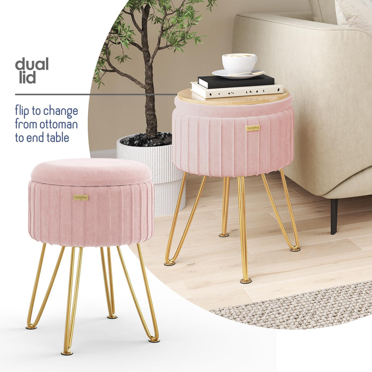 Round Ottoman with Storage, Pleated Velvet Storage Ottoman, Foot Stool Ottomans, Makeup Vanity Stool, Small Ottomans Foot Rest, Modern Vanity Stools for Living Room and Bedroom, Pink