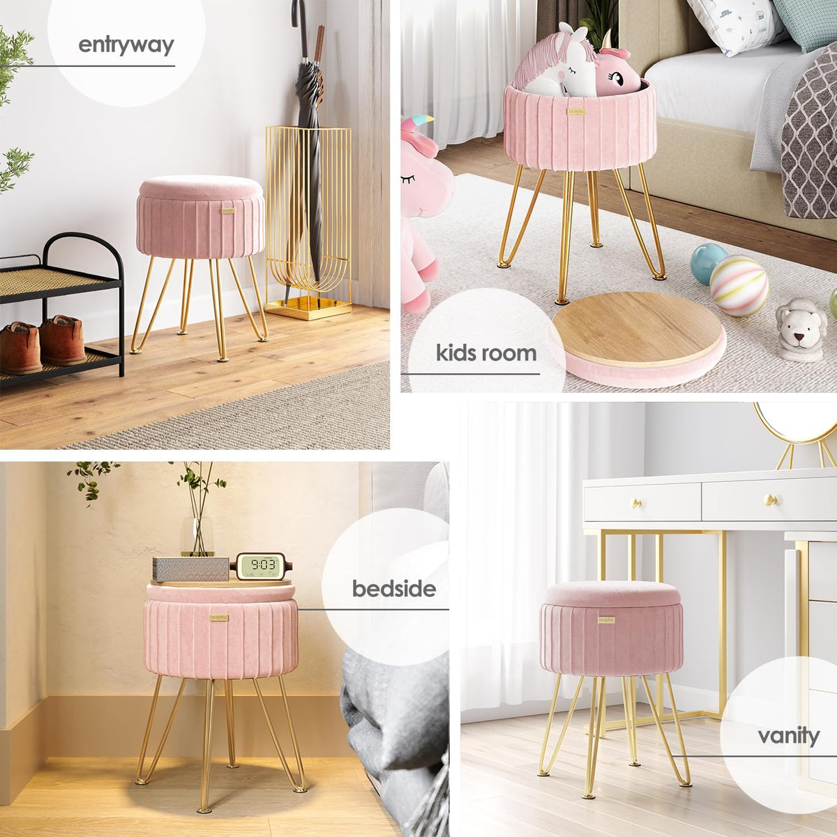 Round Ottoman with Storage, Pleated Velvet Storage Ottoman, Foot Stool Ottomans, Makeup Vanity Stool, Small Ottomans Foot Rest, Modern Vanity Stools for Living Room and Bedroom, Pink