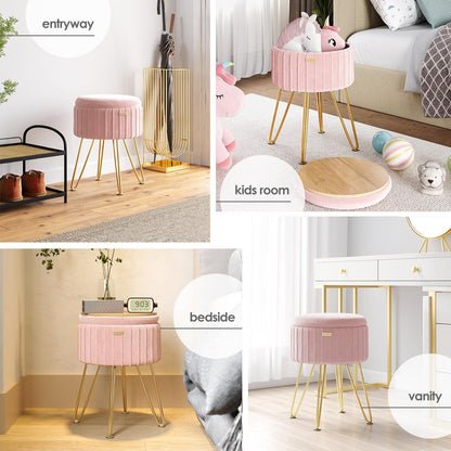 Round Ottoman with Storage, Pleated Velvet Storage Ottoman, Foot Stool Ottomans, Makeup Vanity Stool, Small Ottomans Foot Rest, Modern Vanity Stools for Living Room and Bedroom, Pink