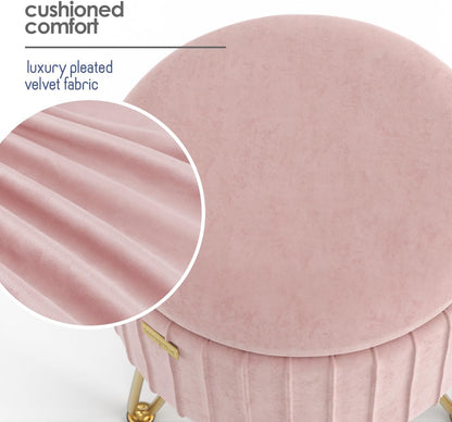 Round Ottoman with Storage, Pleated Velvet Storage Ottoman, Foot Stool Ottomans, Makeup Vanity Stool, Small Ottomans Foot Rest, Modern Vanity Stools for Living Room and Bedroom, Pink