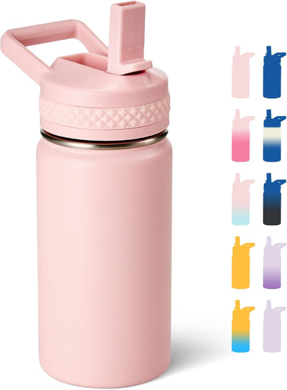 12 oz Water Bottle Kids School, Insulated Water Bottle with Straw for School, 304 Stainless Steel Toddler Cup, for Boys Girls, Leakproof, BPA-Free，Pink