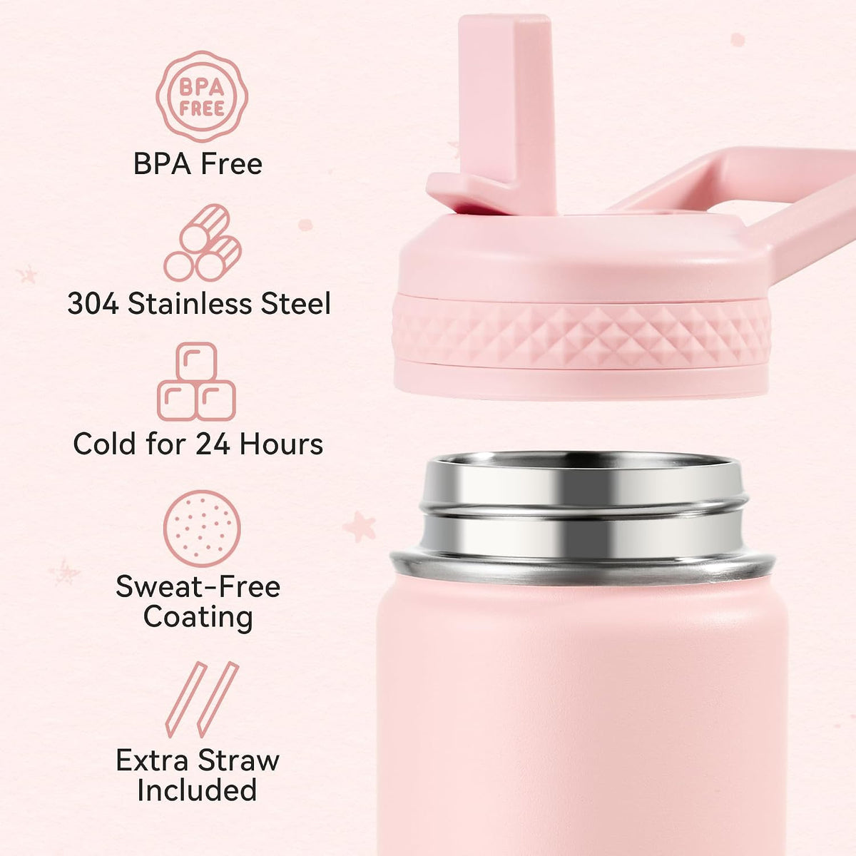 12 oz Water Bottle Kids School, Insulated Water Bottle with Straw for School, 304 Stainless Steel Toddler Cup, for Boys Girls, Leakproof, BPA-Free，Pink