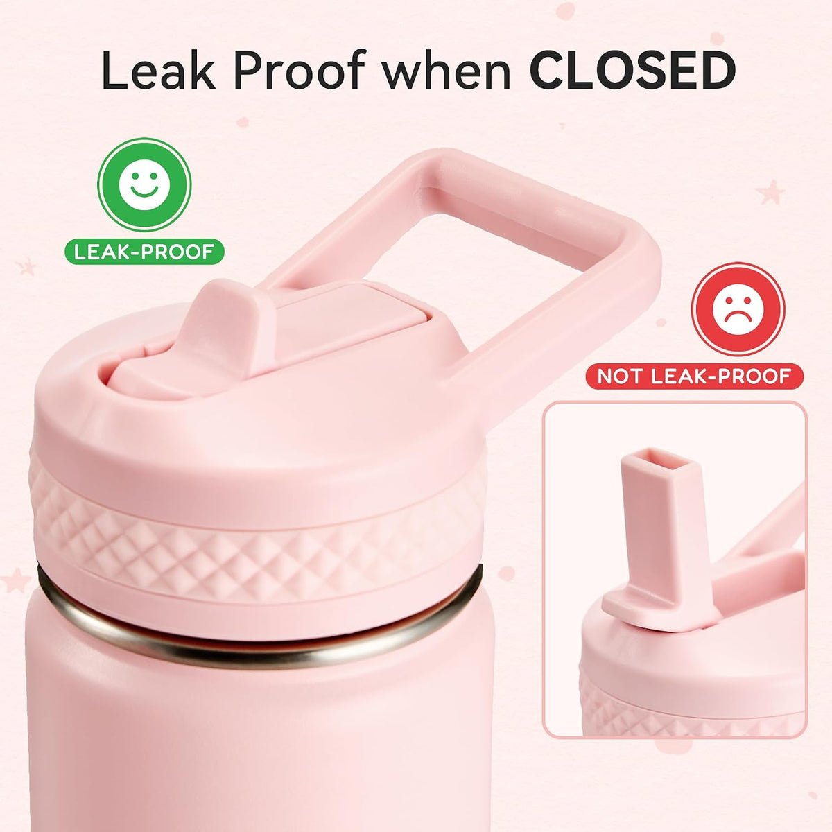 12 oz Water Bottle Kids School, Insulated Water Bottle with Straw for School, 304 Stainless Steel Toddler Cup, for Boys Girls, Leakproof, BPA-Free，Pink