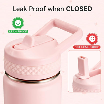 12 oz Water Bottle Kids School, Insulated Water Bottle with Straw for School, 304 Stainless Steel Toddler Cup, for Boys Girls, Leakproof, BPA-Free，Pink