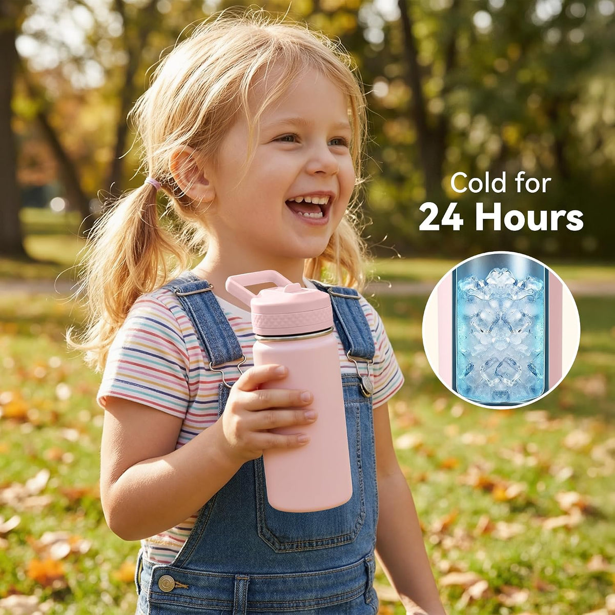 12 oz Water Bottle Kids School, Insulated Water Bottle with Straw for School, 304 Stainless Steel Toddler Cup, for Boys Girls, Leakproof, BPA-Free，Pink