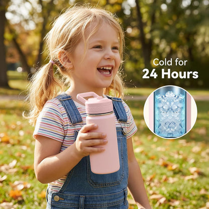 12 oz Water Bottle Kids School, Insulated Water Bottle with Straw for School, 304 Stainless Steel Toddler Cup, for Boys Girls, Leakproof, BPA-Free，Pink
