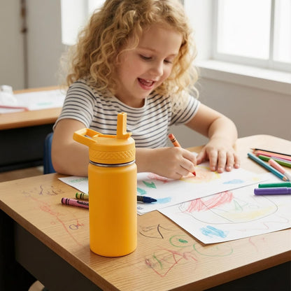 12 oz Water Bottle Kids School, Insulated Water Bottle with Straw for School, 304 Stainless Steel Toddler Cup, for Boys Girls, Leakproof, BPA-Free，Pink