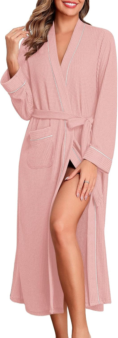 Robes for Women Long Lightweight Waffle Knit Bathrobe with Pockets