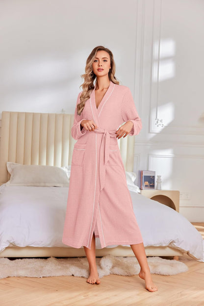Robes for Women Long Lightweight Waffle Knit Bathrobe with Pockets