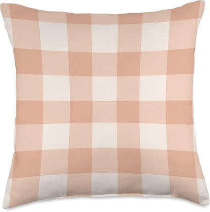Peach Gingham Peach Checks On White Background Throw Pillow