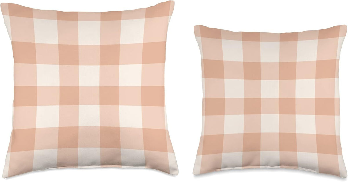 Peach Gingham Peach Checks On White Background Throw Pillow