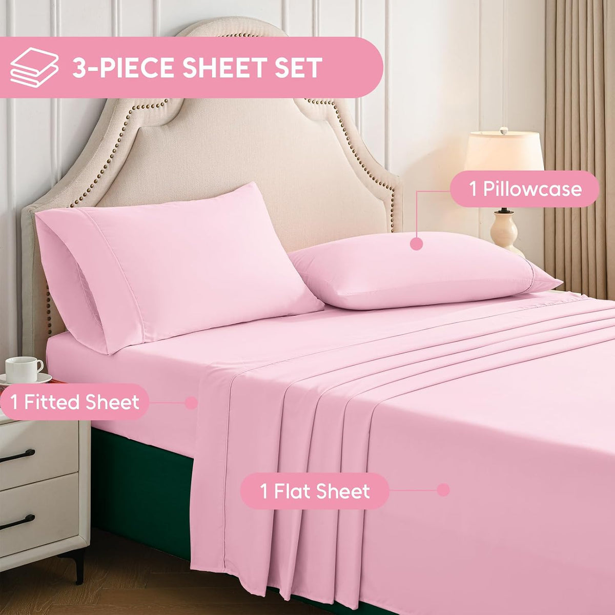 Twin Sheets Set, 3 Pieces Hotel Luxury Soft Microfiber Bed Sheets Set, Up to 16" Deep Pockets, Oeko-Tex Sheets with Elastic, Breathable, Wrinkle Free (Light Pink, Twin)