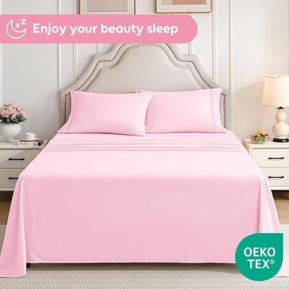 Twin Sheets Set, 3 Pieces Hotel Luxury Soft Microfiber Bed Sheets Set, Up to 16" Deep Pockets, Oeko-Tex Sheets with Elastic, Breathable, Wrinkle Free (Light Pink, Twin)