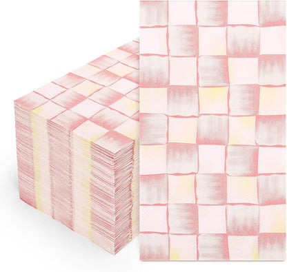 100 Pcs Light Pink Plaid Guest Napkins Watercolor Checkered Disposable Napkins Dinner Hand Towel Paper Napkin for Bathroom Wedding Birthday Party Table Supplies