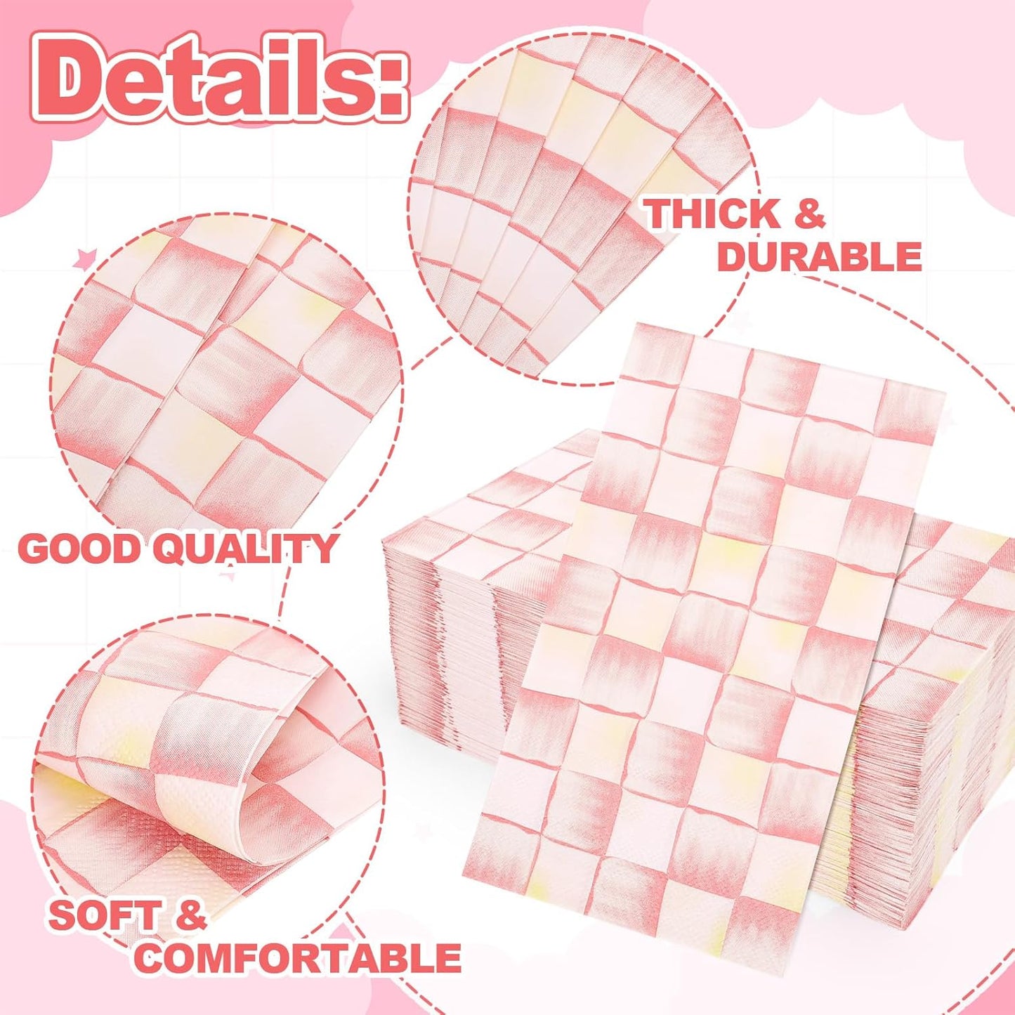 100 Pcs Light Pink Plaid Guest Napkins Watercolor Checkered Disposable Napkins Dinner Hand Towel Paper Napkin for Bathroom Wedding Birthday Party Table Supplies