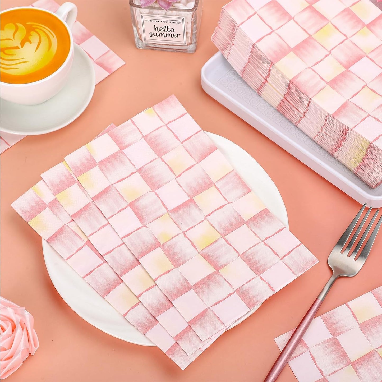 100 Pcs Light Pink Plaid Guest Napkins Watercolor Checkered Disposable Napkins Dinner Hand Towel Paper Napkin for Bathroom Wedding Birthday Party Table Supplies