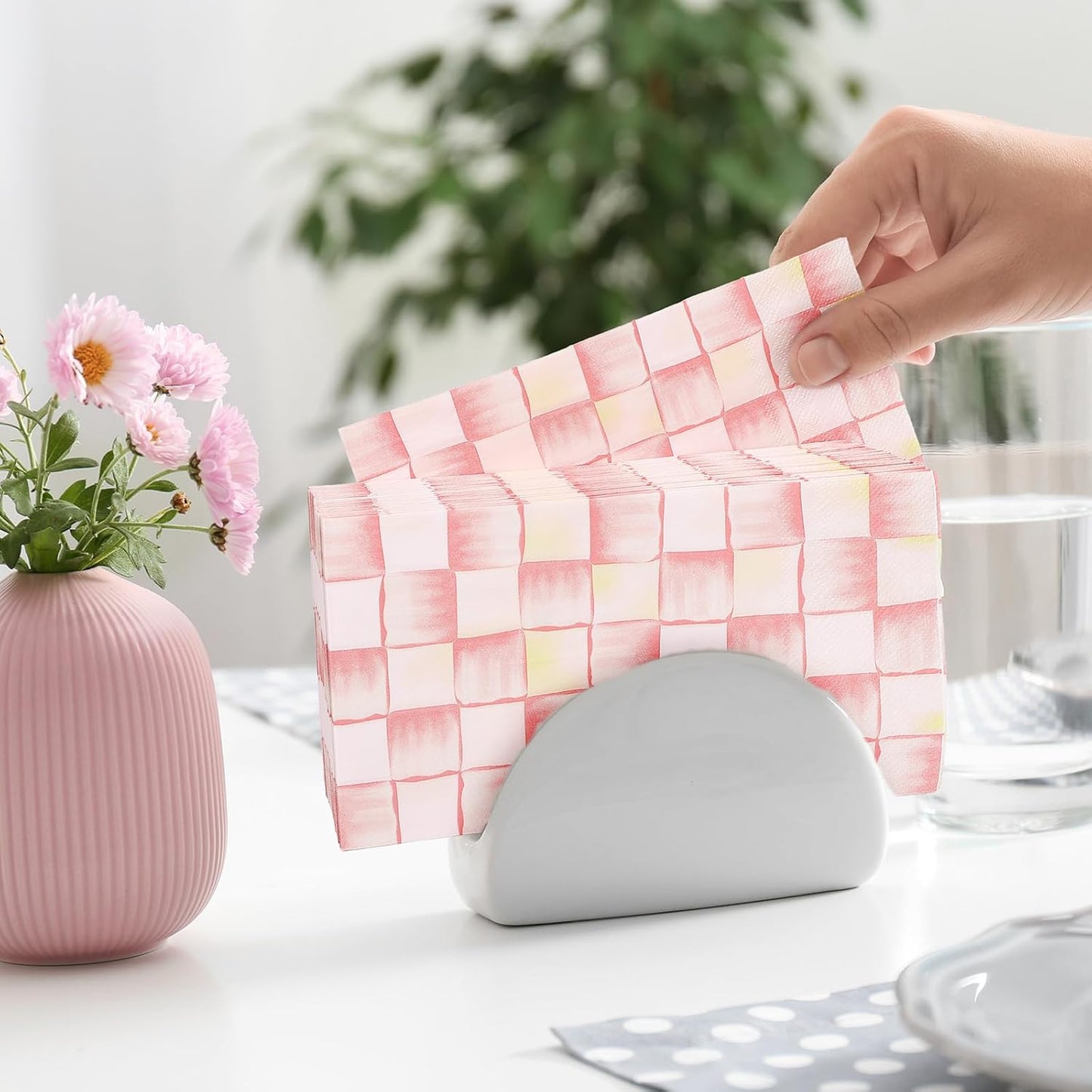 100 Pcs Light Pink Plaid Guest Napkins Watercolor Checkered Disposable Napkins Dinner Hand Towel Paper Napkin for Bathroom Wedding Birthday Party Table Supplies