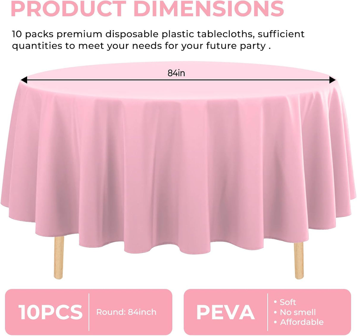 10 Pack Premium Disposable Plastic Tablecloth 84" Round Table Cover for Birthdays Weddings Christmas Anniversary Buffet Table (Pink)
