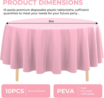 10 Pack Premium Disposable Plastic Tablecloth 84" Round Table Cover for Birthdays Weddings Christmas Anniversary Buffet Table (Pink)
