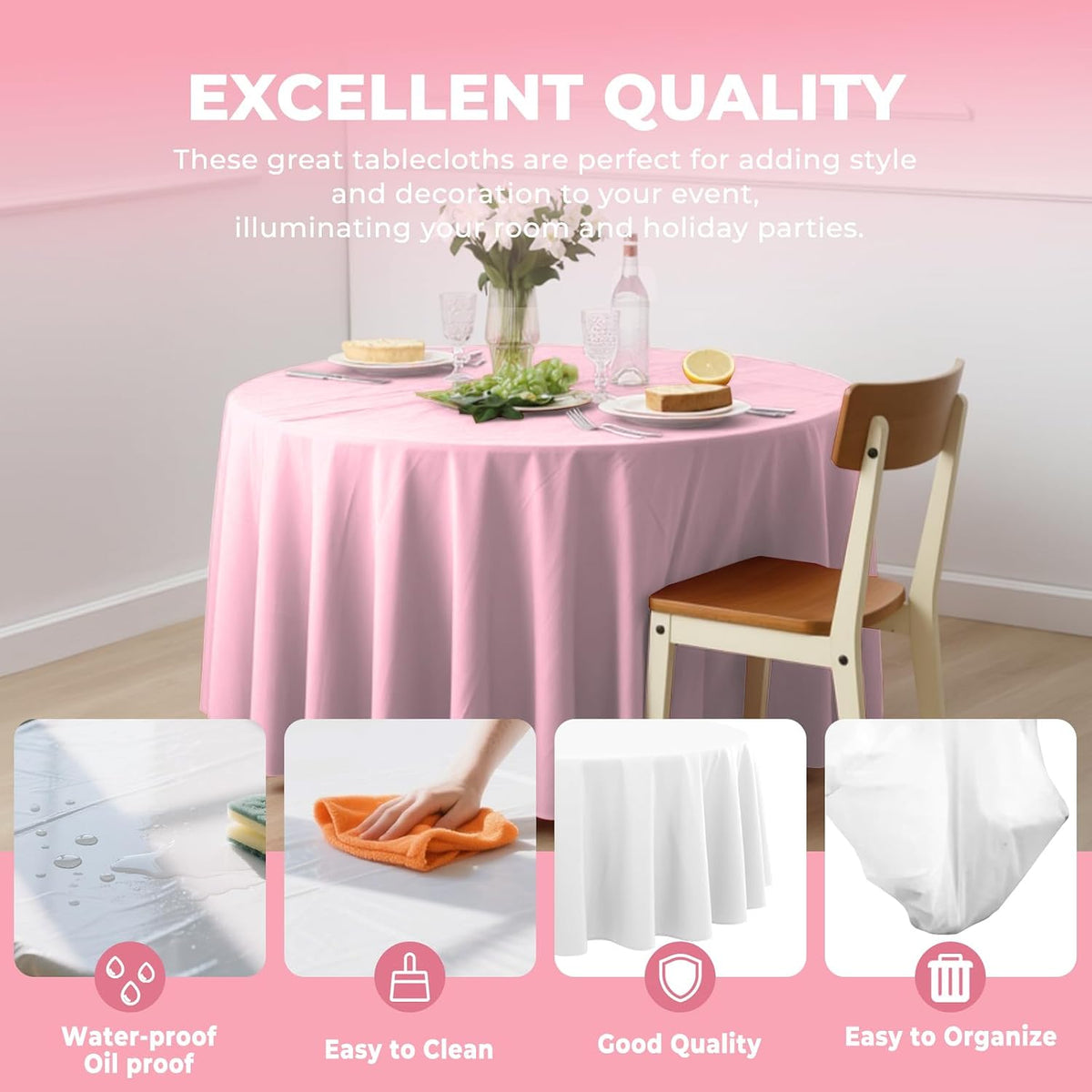 10 Pack Premium Disposable Plastic Tablecloth 84" Round Table Cover for Birthdays Weddings Christmas Anniversary Buffet Table (Pink)