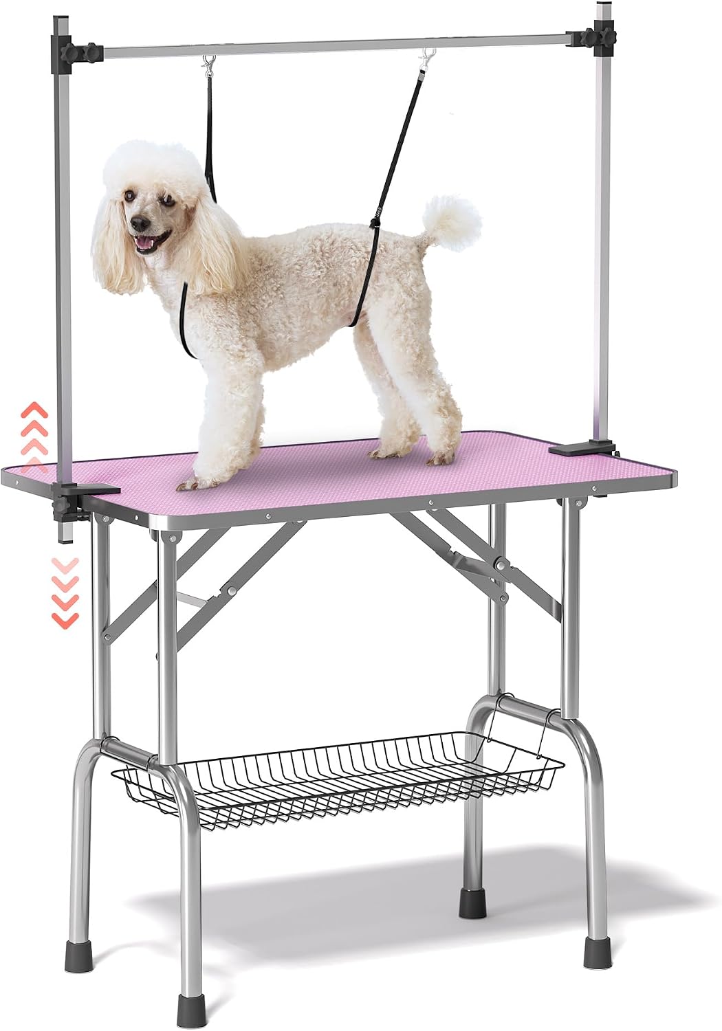 36'' Stainless Steel Pet Dog Grooming Table, Arm/Noose/Tray, Pink