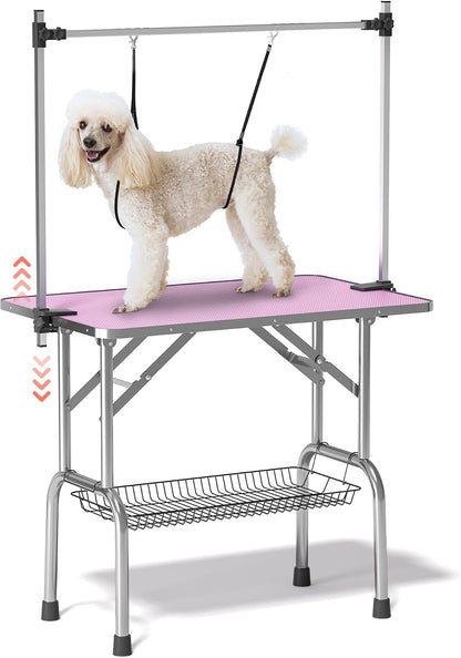 36'' Stainless Steel Pet Dog Grooming Table, Arm/Noose/Tray, Pink