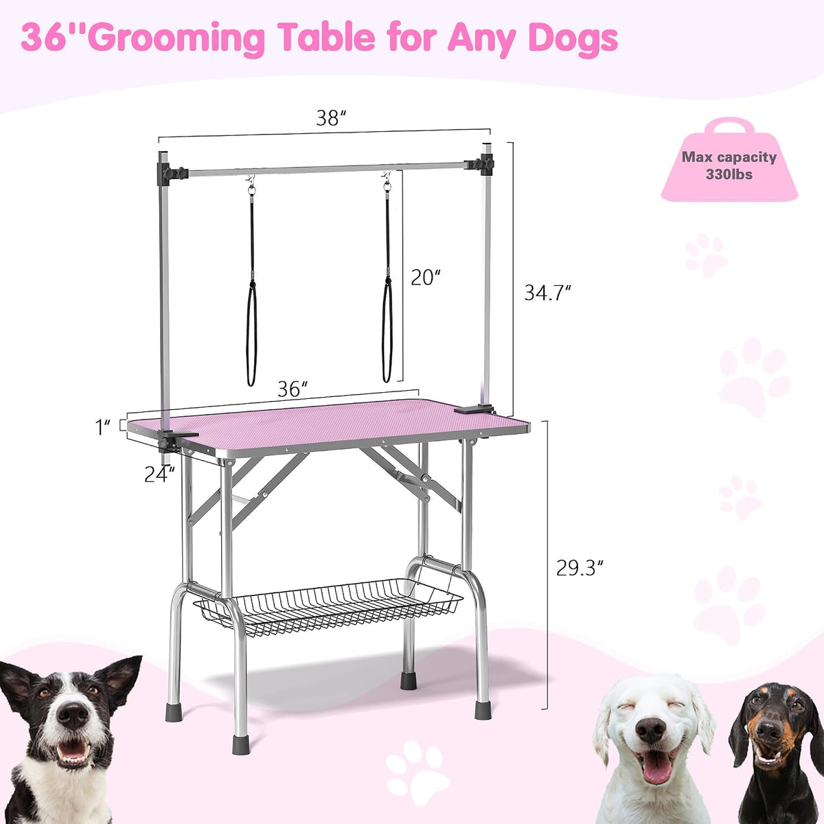 36'' Stainless Steel Pet Dog Grooming Table, Arm/Noose/Tray, Pink