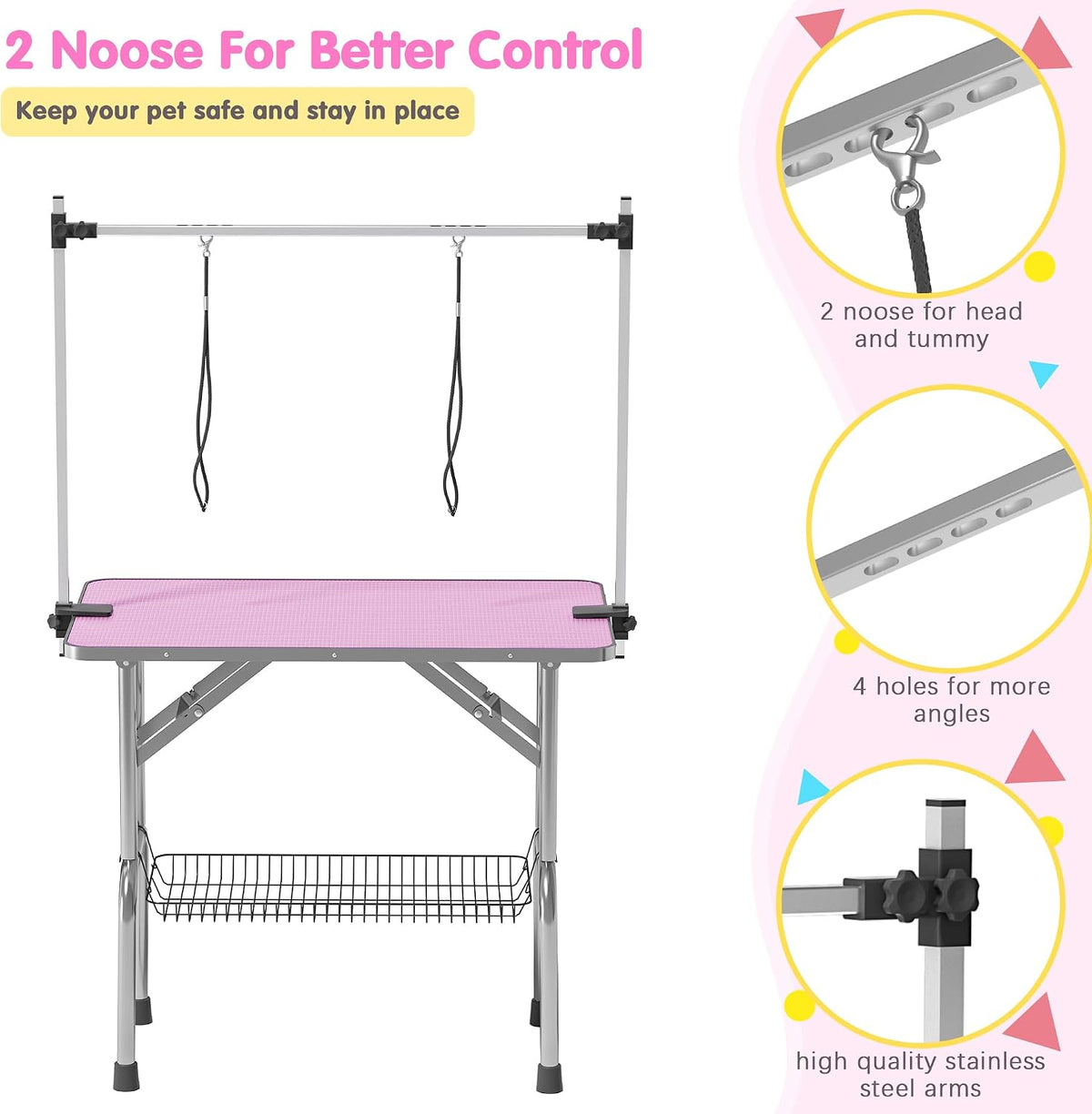 36'' Stainless Steel Pet Dog Grooming Table, Arm/Noose/Tray, Pink