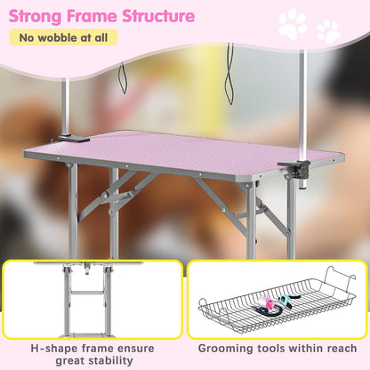 36'' Stainless Steel Pet Dog Grooming Table, Arm/Noose/Tray, Pink
