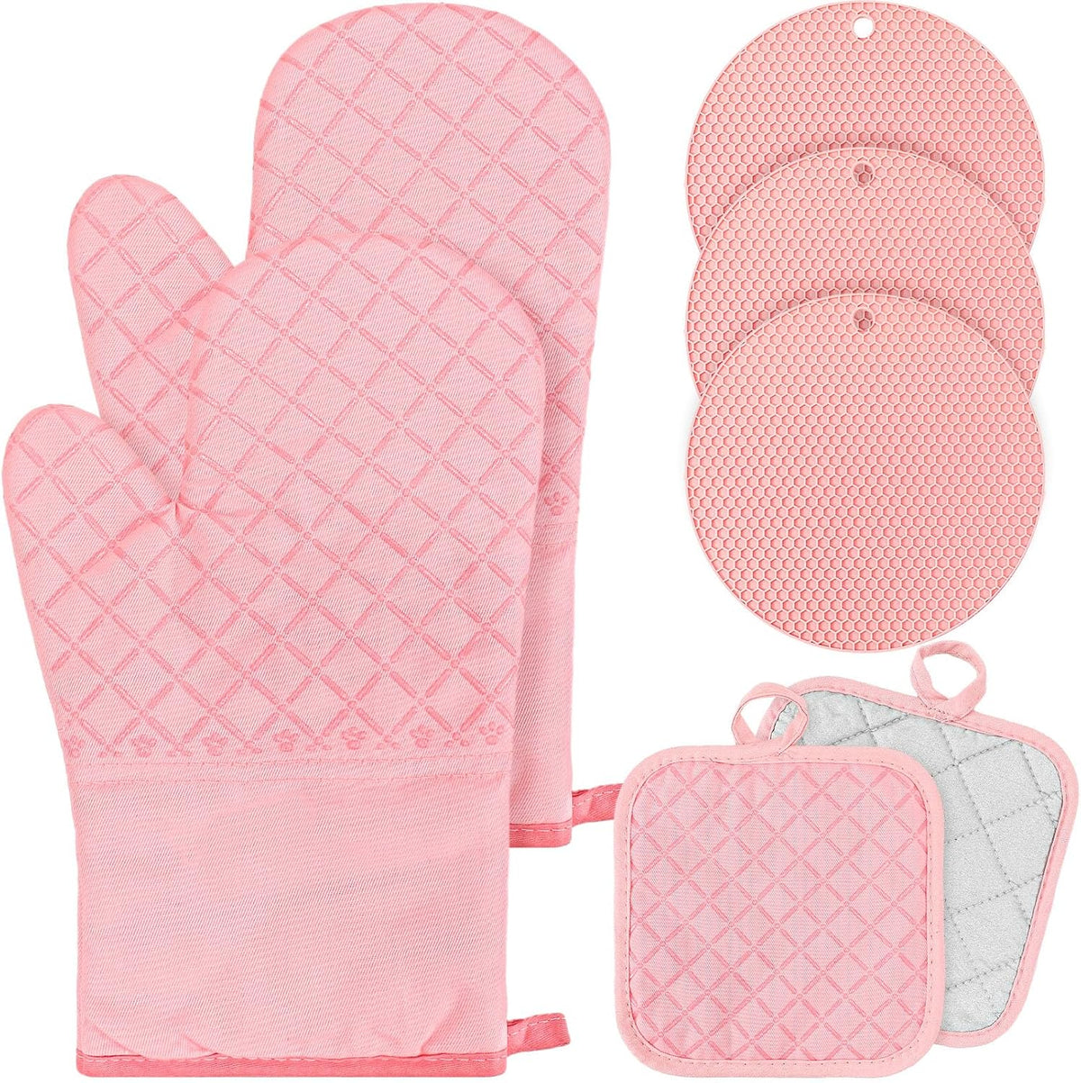 Pink Oven Mitts and Pot Holders 7 Sets, Pink, Rubber Cotton, Honeycomb