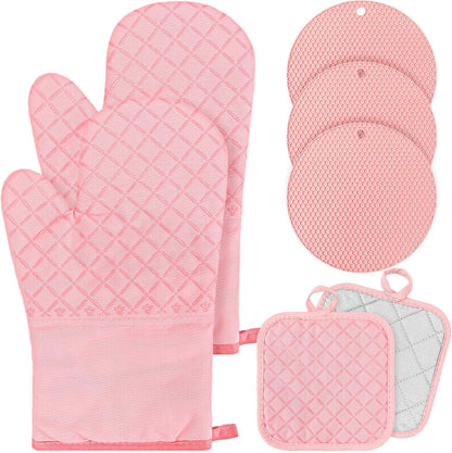 Pink Oven Mitts and Pot Holders 7 Sets, Pink, Rubber Cotton, Honeycomb