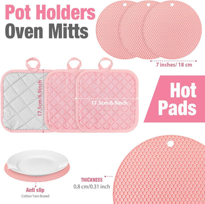 Pink Oven Mitts and Pot Holders 7 Sets, Pink, Rubber Cotton, Honeycomb