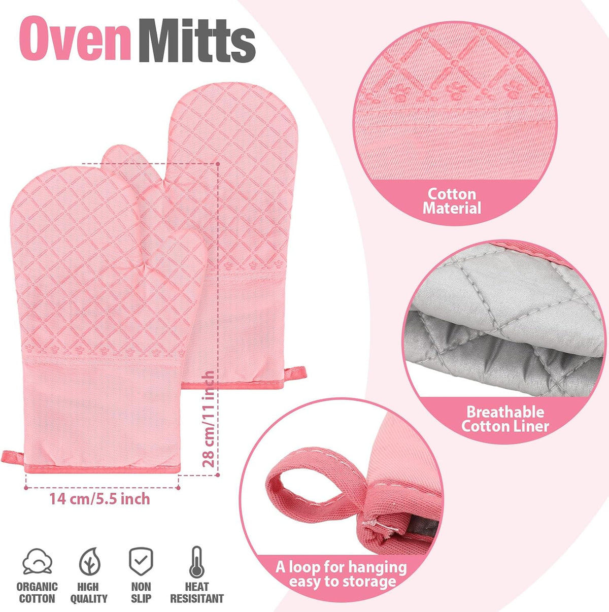 Pink Oven Mitts and Pot Holders 7 Sets, Pink, Rubber Cotton, Honeycomb
