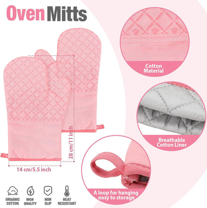 Pink Oven Mitts and Pot Holders 7 Sets, Pink, Rubber Cotton, Honeycomb