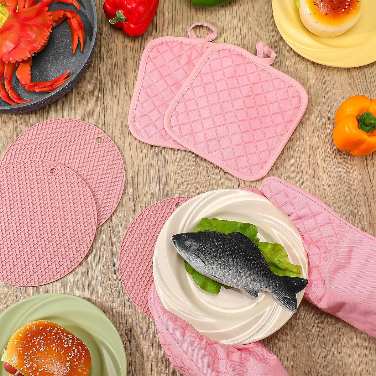 Pink Oven Mitts and Pot Holders 7 Sets, Pink, Rubber Cotton, Honeycomb