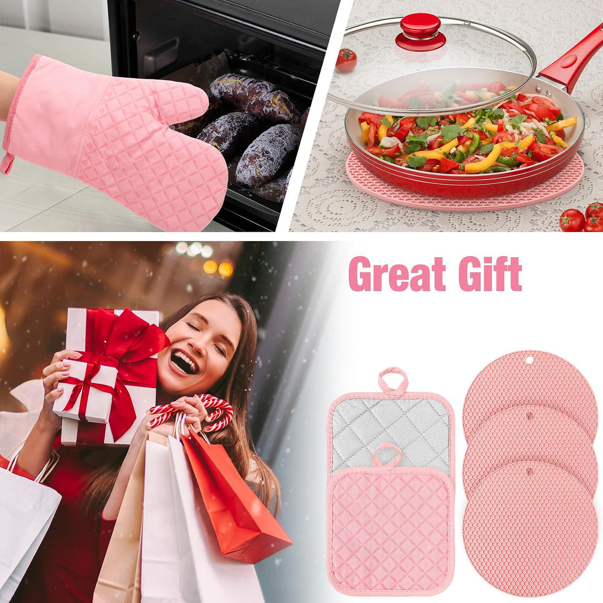 Pink Oven Mitts and Pot Holders 7 Sets, Pink, Rubber Cotton, Honeycomb