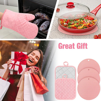 Pink Oven Mitts and Pot Holders 7 Sets, Pink, Rubber Cotton, Honeycomb