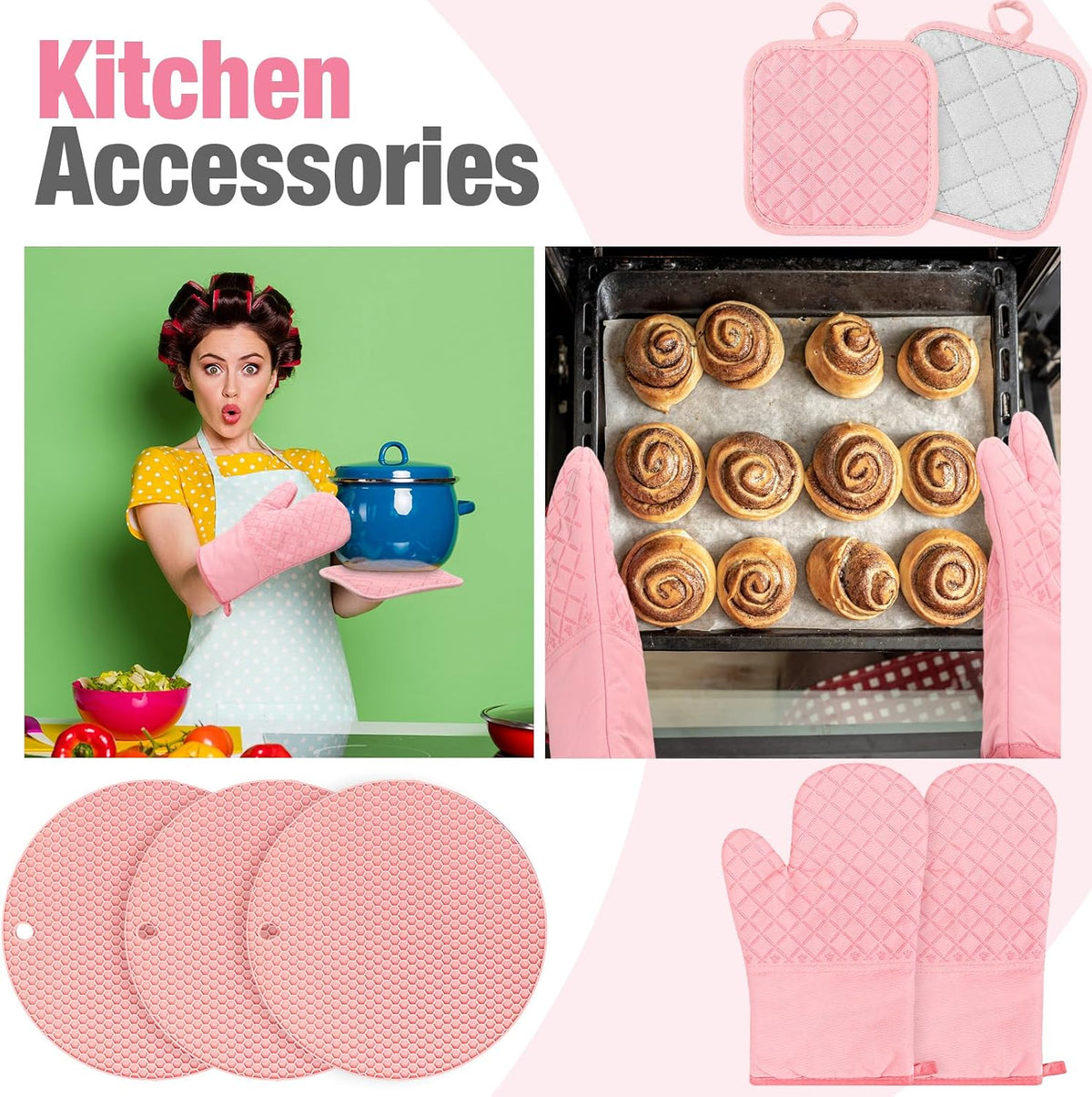 Pink Oven Mitts and Pot Holders 7 Sets, Pink, Rubber Cotton, Honeycomb