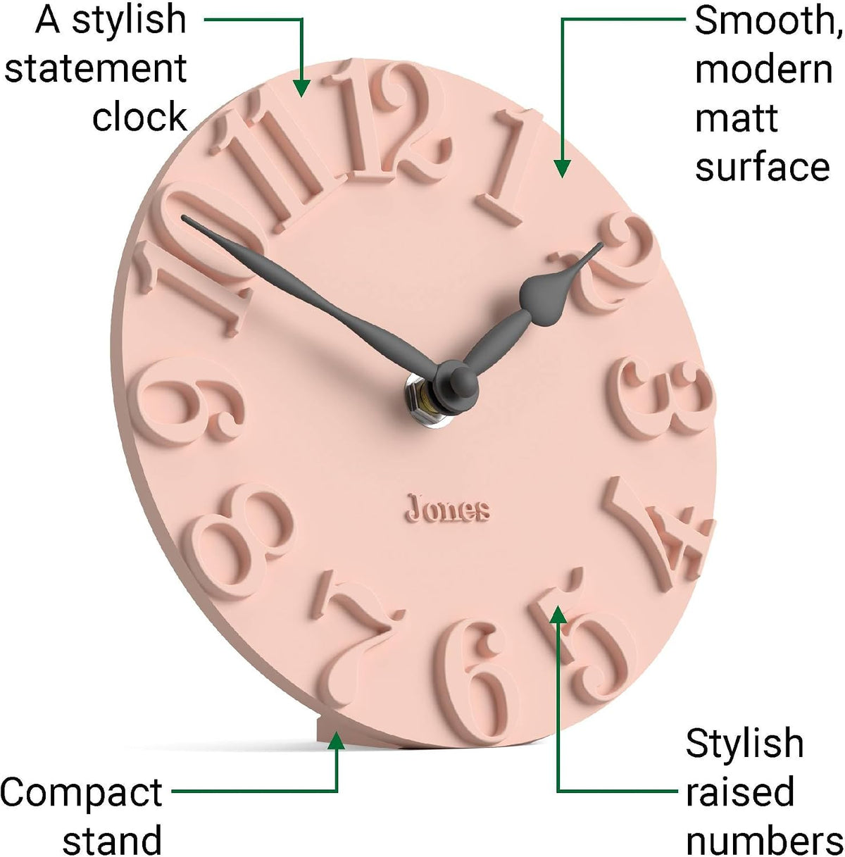 ® Hampstead Desk Clock | Freestanding | Rose Pink | Elegant Raised Moulded Numerals | Ideal for Shelf, Mantel, Living Room, Home Office or Bedside