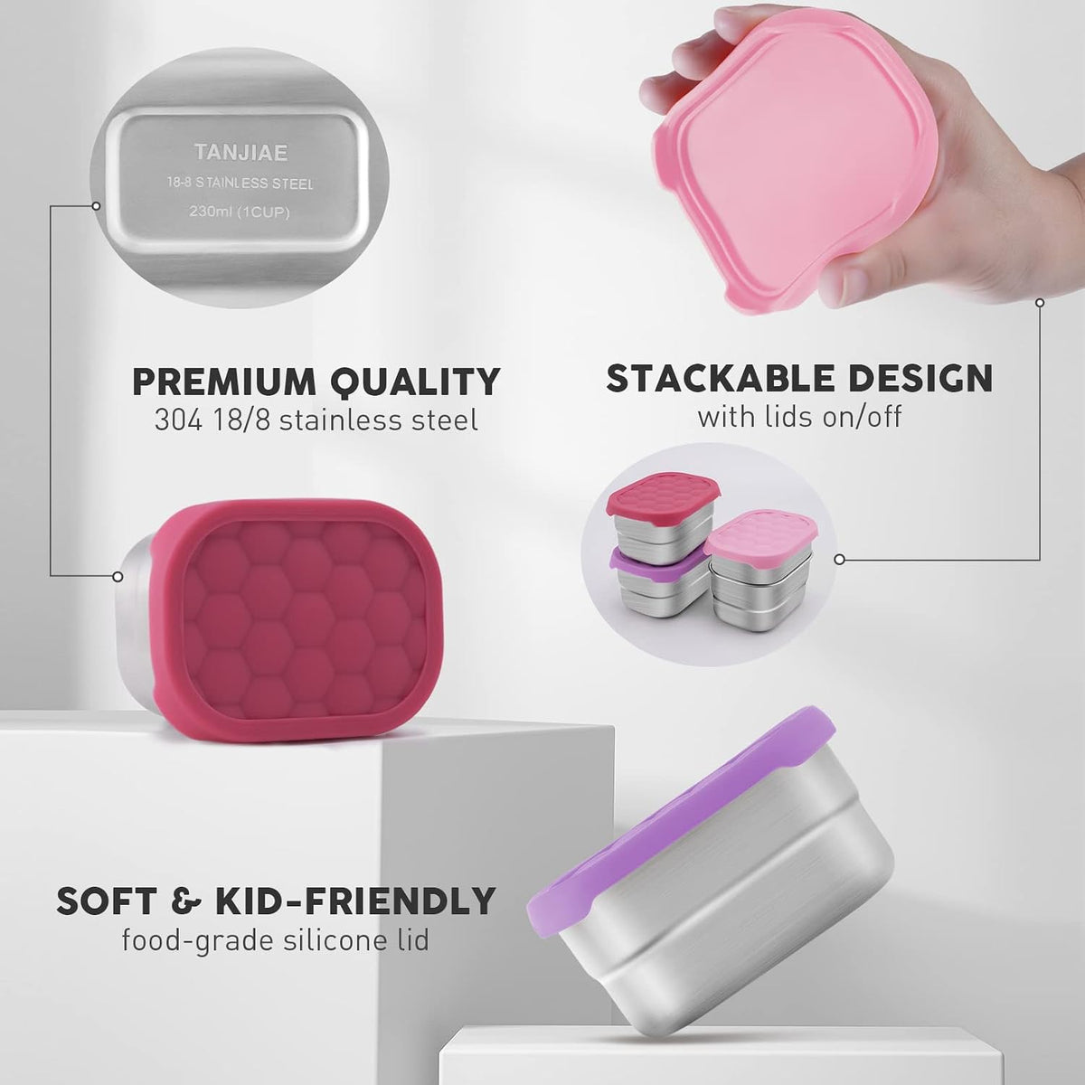 Small (1 CUP) Stainless Steel Snack Containers for Kids | Easy Open Leak Proof Food Containers with Silicone Lids - Perfect Metal Toddler Lunch Box for Daycare and School (8oz)