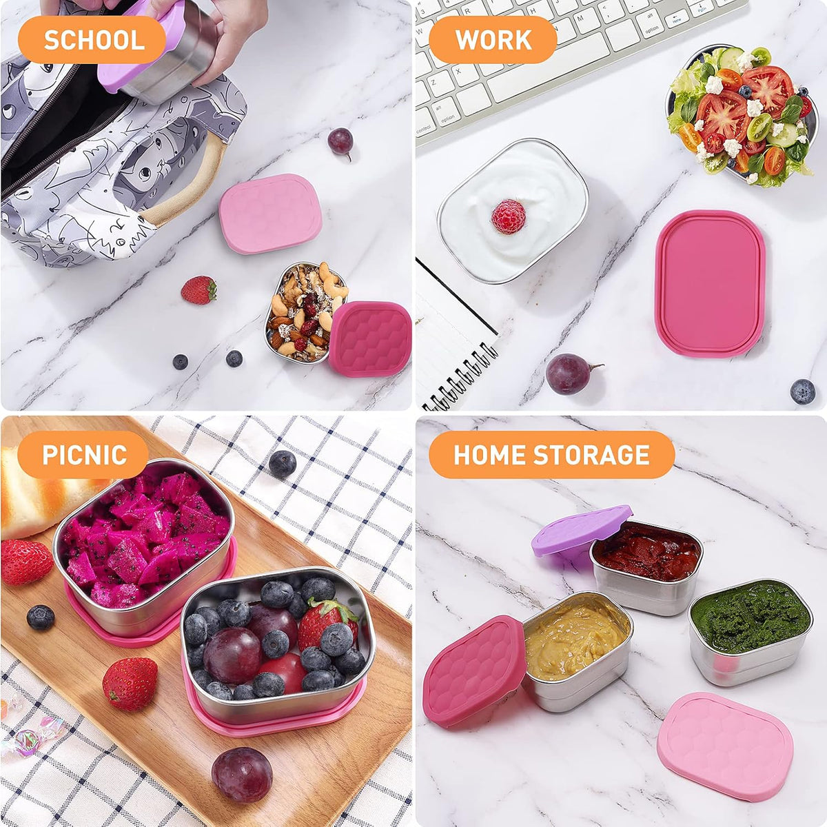Small (1 CUP) Stainless Steel Snack Containers for Kids | Easy Open Leak Proof Food Containers with Silicone Lids - Perfect Metal Toddler Lunch Box for Daycare and School (8oz)
