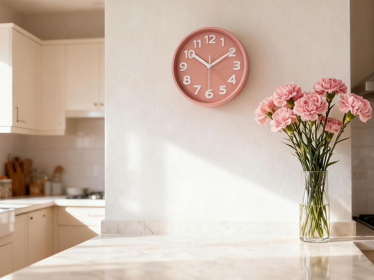 8-Inch Pink Modern Wall Clock – Silent Non-Ticking, 3D Large Numbers, Accurate Timekeeping | Decorative Wall & Desk Clock with Stand for Living Room, Bedroom, Kitchen, or Office