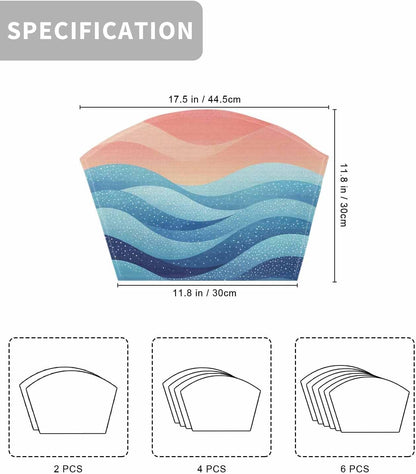 Round Table Placemat Wedge Placemats Set of 6,Blue Peach Layered Ocean Waves Placemat Washable Table Mats,Gradient Striped Fan Shaped Place Mats for Kitchen Dinner Party Decor