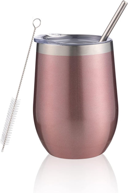 12 oz Insulated Wine Tumbler with Lid and Straw,Stainless Steel Stemless Wine Tumbler Glasses Double Wall Vacuum Wine Cups Tumbler for Coffee,Champaign,Cocktail (Rose Gold,1)