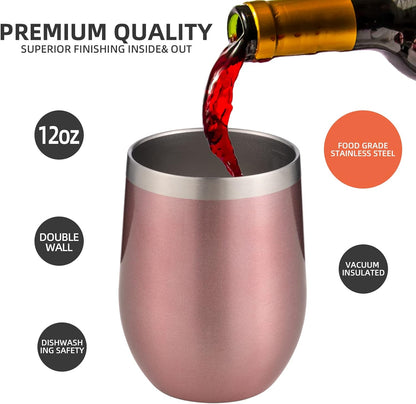 12 oz Insulated Wine Tumbler with Lid and Straw,Stainless Steel Stemless Wine Tumbler Glasses Double Wall Vacuum Wine Cups Tumbler for Coffee,Champaign,Cocktail (Rose Gold,1)