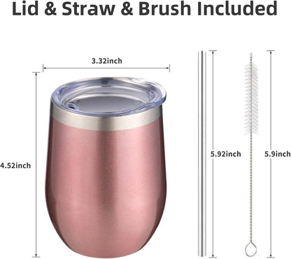 12 oz Insulated Wine Tumbler with Lid and Straw,Stainless Steel Stemless Wine Tumbler Glasses Double Wall Vacuum Wine Cups Tumbler for Coffee,Champaign,Cocktail (Rose Gold,1)