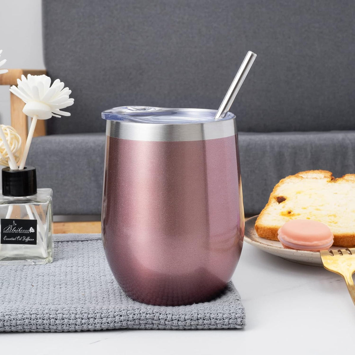12 oz Insulated Wine Tumbler with Lid and Straw,Stainless Steel Stemless Wine Tumbler Glasses Double Wall Vacuum Wine Cups Tumbler for Coffee,Champaign,Cocktail (Rose Gold,1)