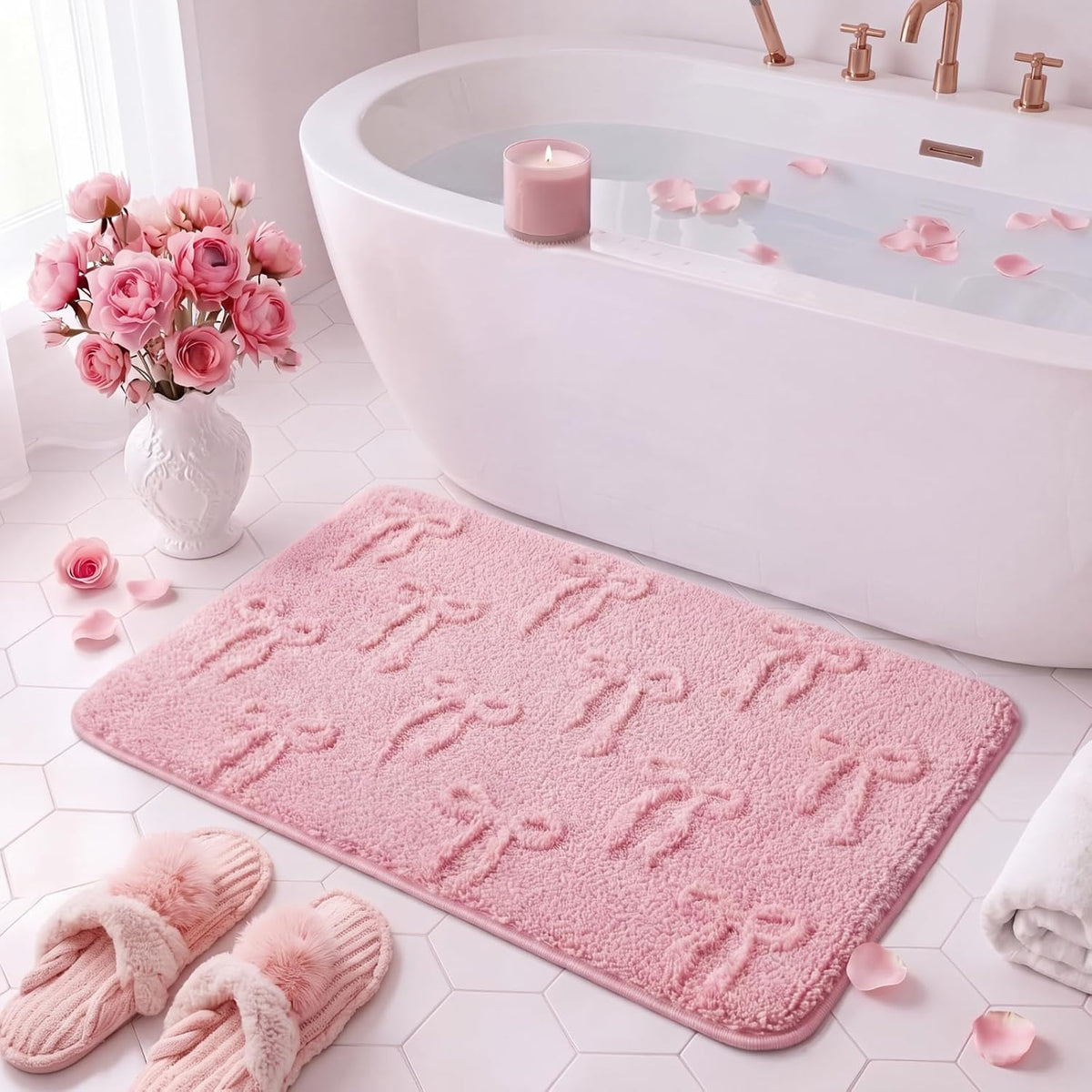 Bow Bath Mat for Bathroom, 20"x32" Cute Preppy 3D Bow Rug, Pink