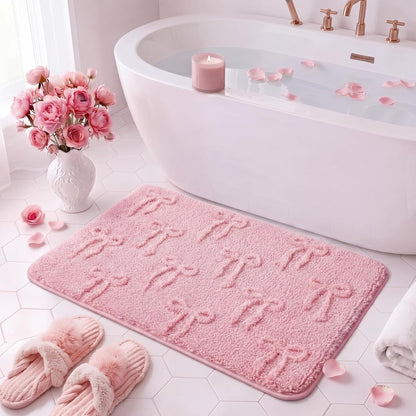 Bow Bath Mat for Bathroom, 20"x32" Cute Preppy 3D Bow Rug, Pink